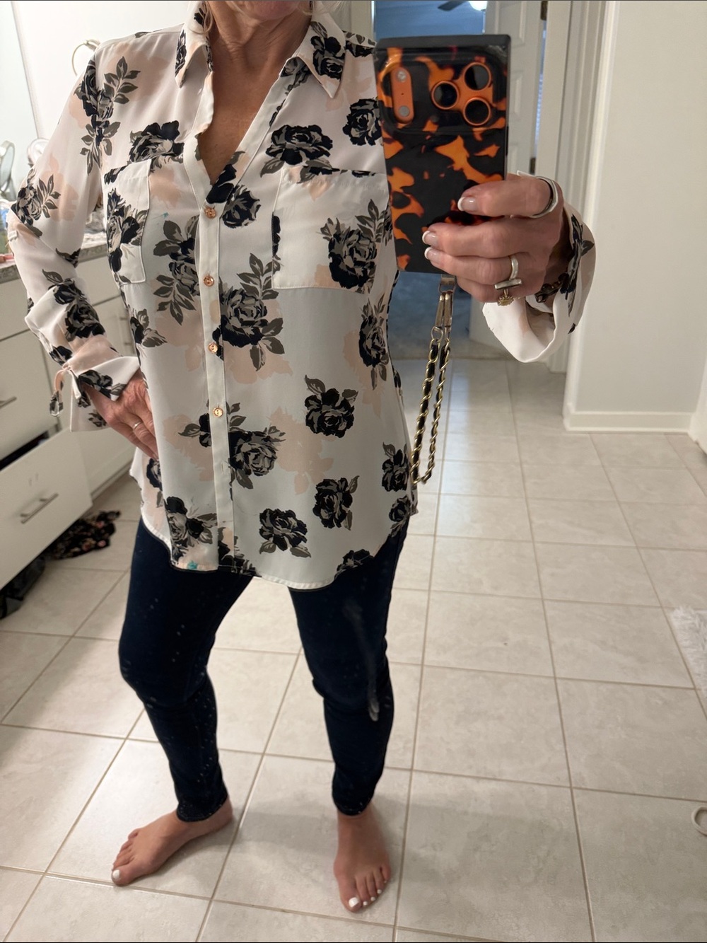 Candie's Cream Button-Down Blouse with Black Floral Print